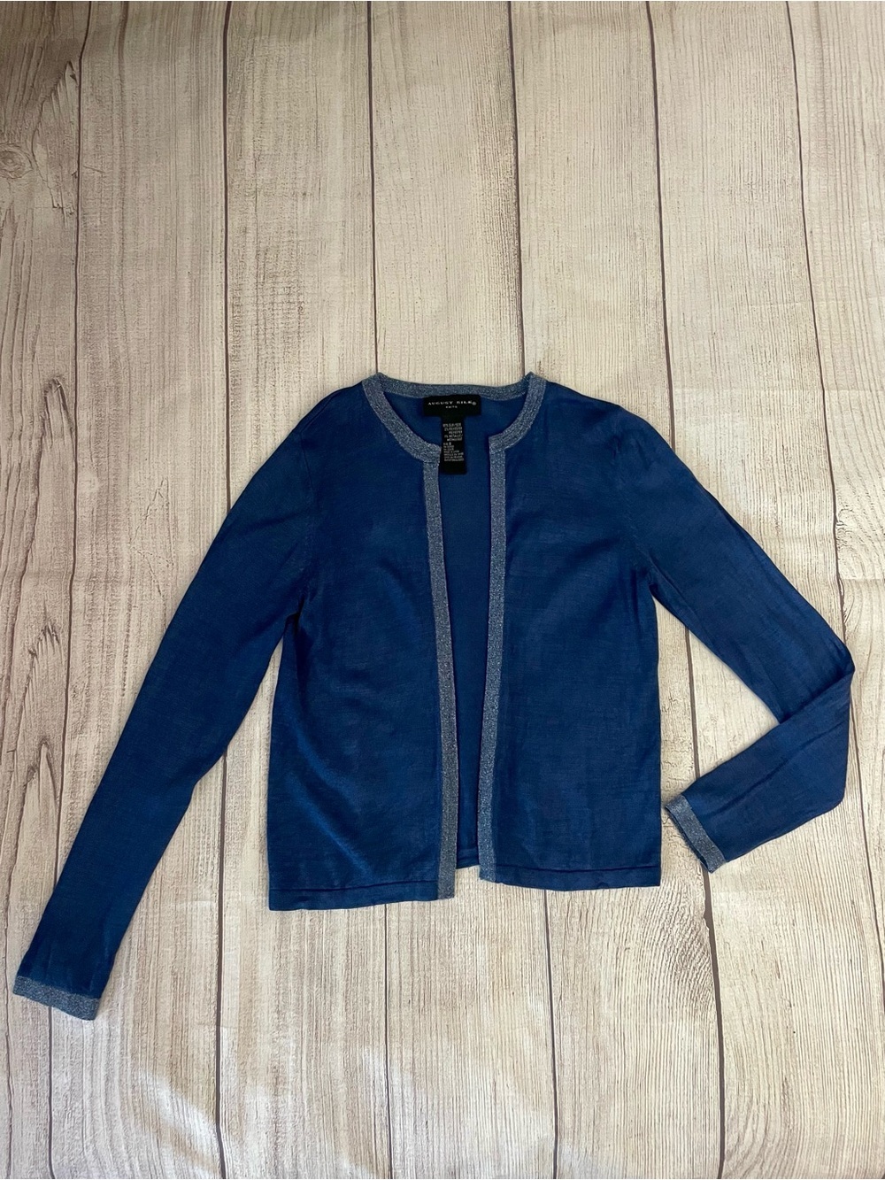 AUGUST SILK Women’s Vintage Open-Front Silk Cardigan Blue w/Trim Size Small - Picture 3 of 8